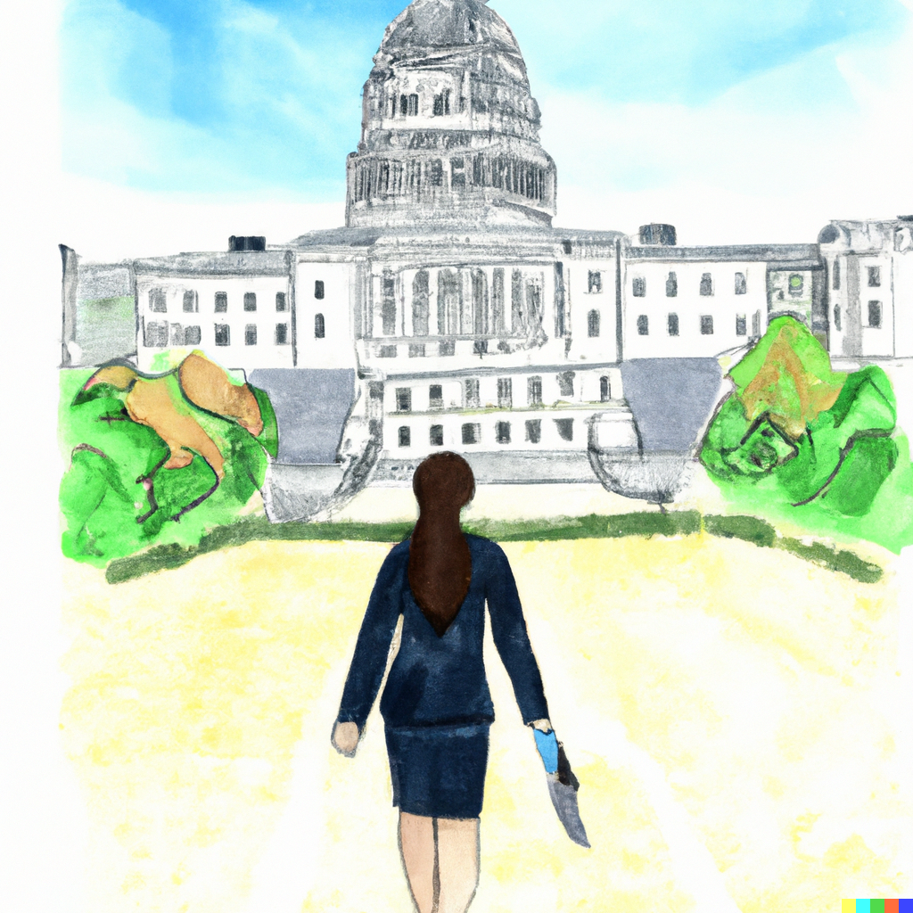 A young woman walking toward the Capitol building