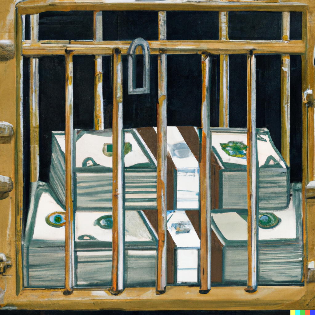 A pile of cash locked in a cage