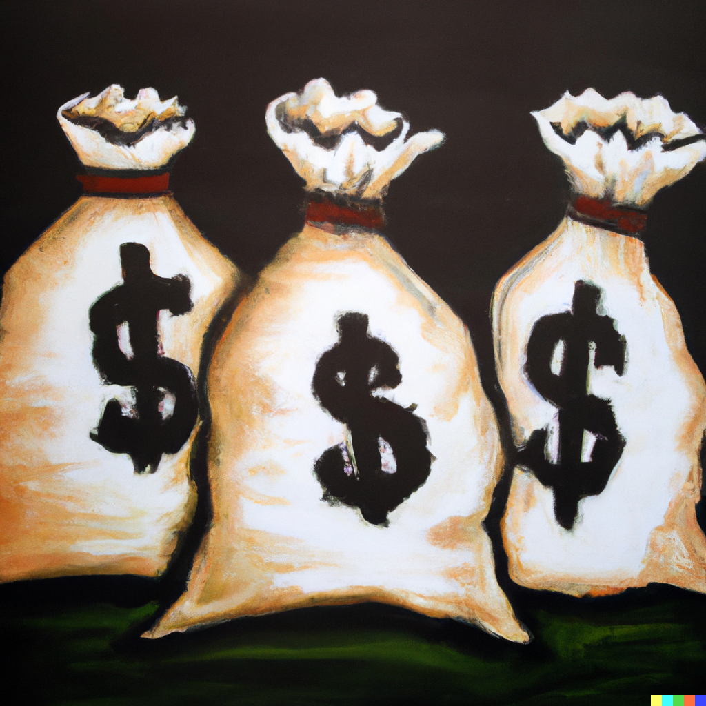 A painting of three sacks of money